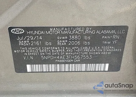 2015 Hyundai Elantra Se из США, поврежденный, VIN 5NPDH4AE3FH567553